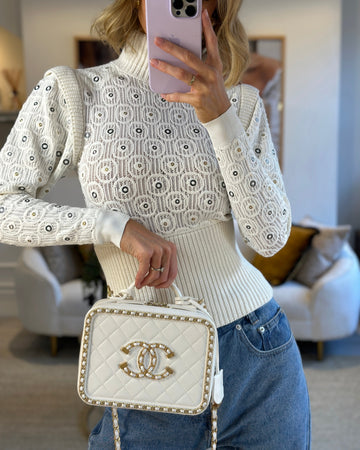 Chanel White Medium CC Filigree Vanity Case Bag in Shiny Calfskin Leather with Brushed Gold Hardware and Chain Detail