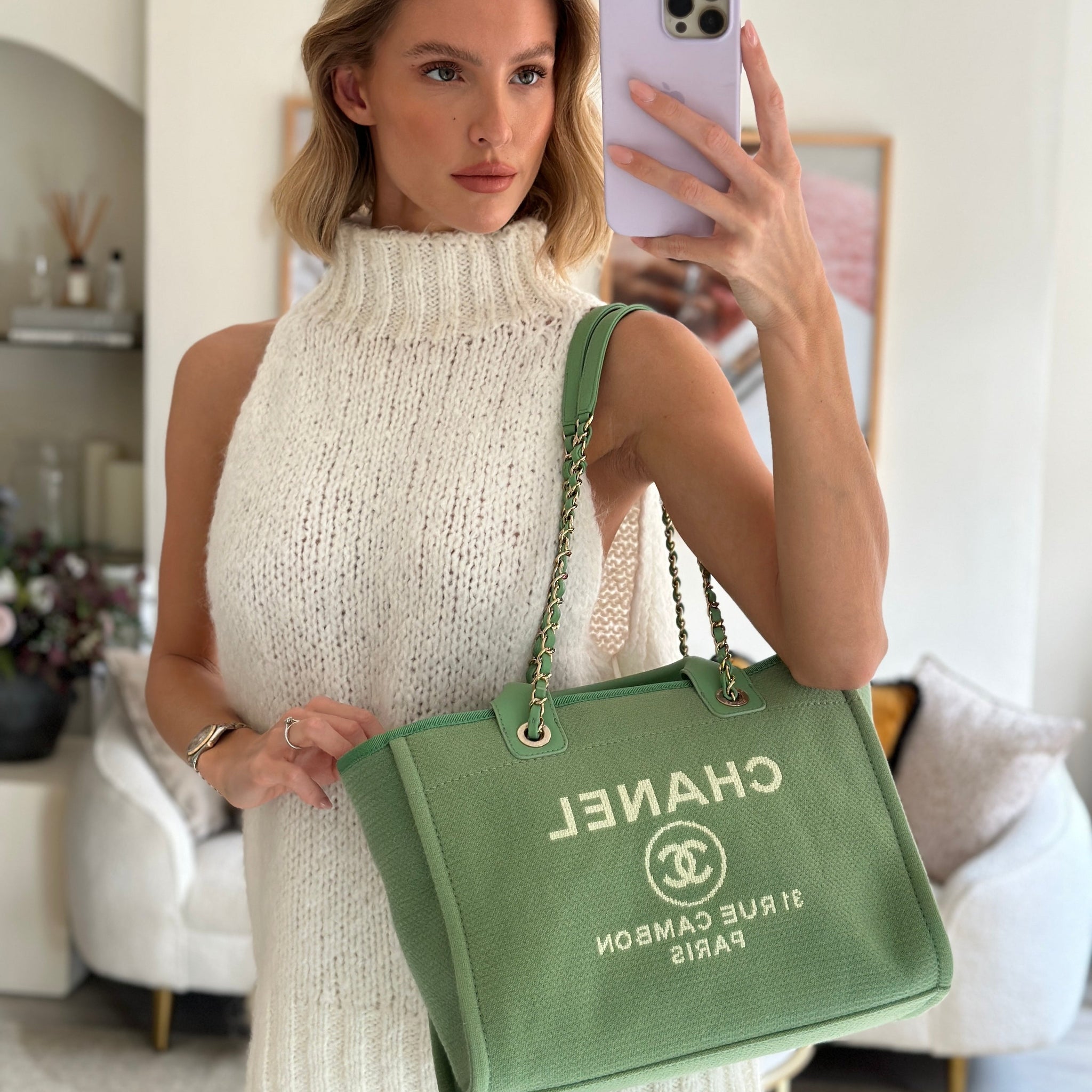 Chanel Pistachio Green Canvas Small Deauville Tote Bag with Champagne Gold Hardware