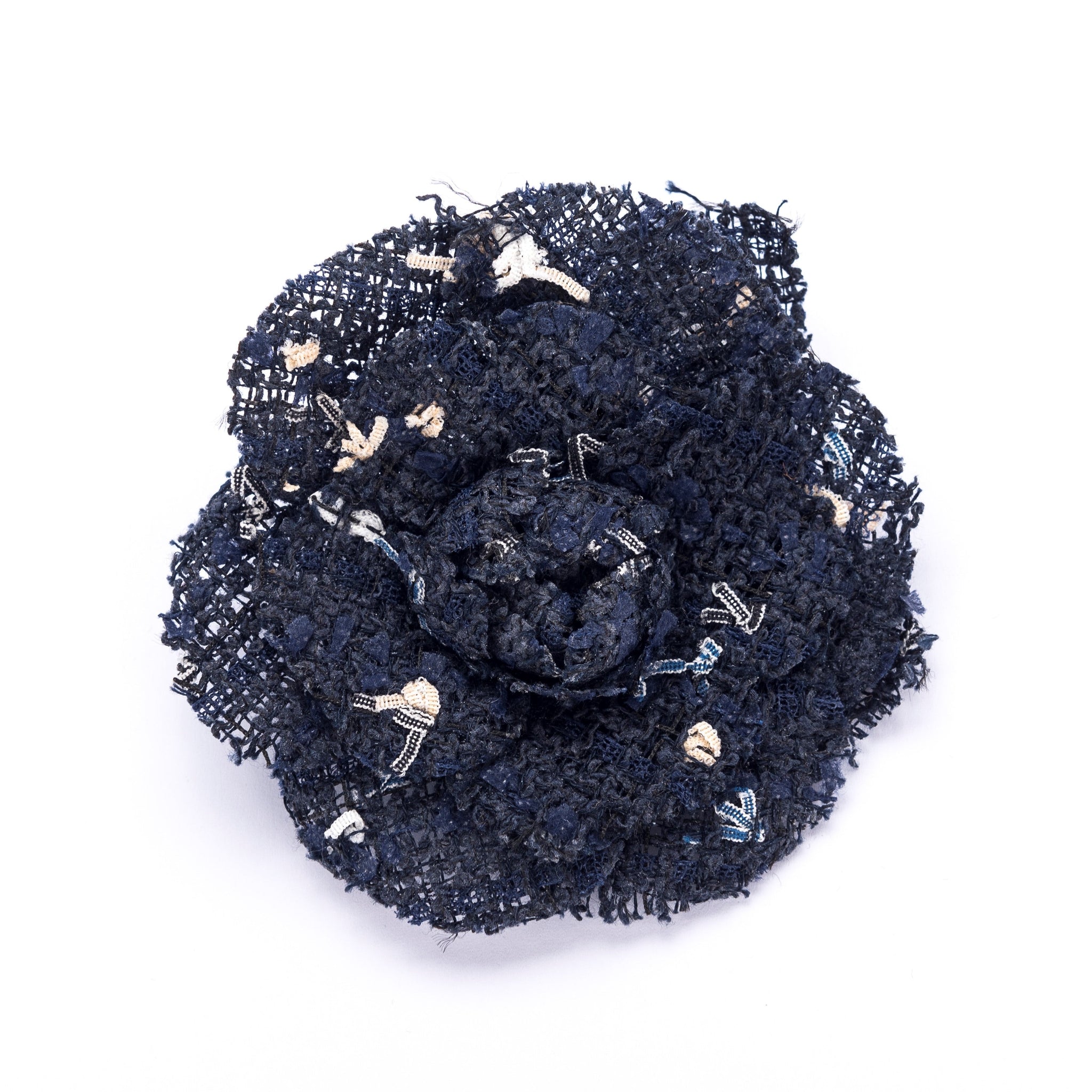 Chanel Camellia Brooch in Blue X White Tweed, no Box