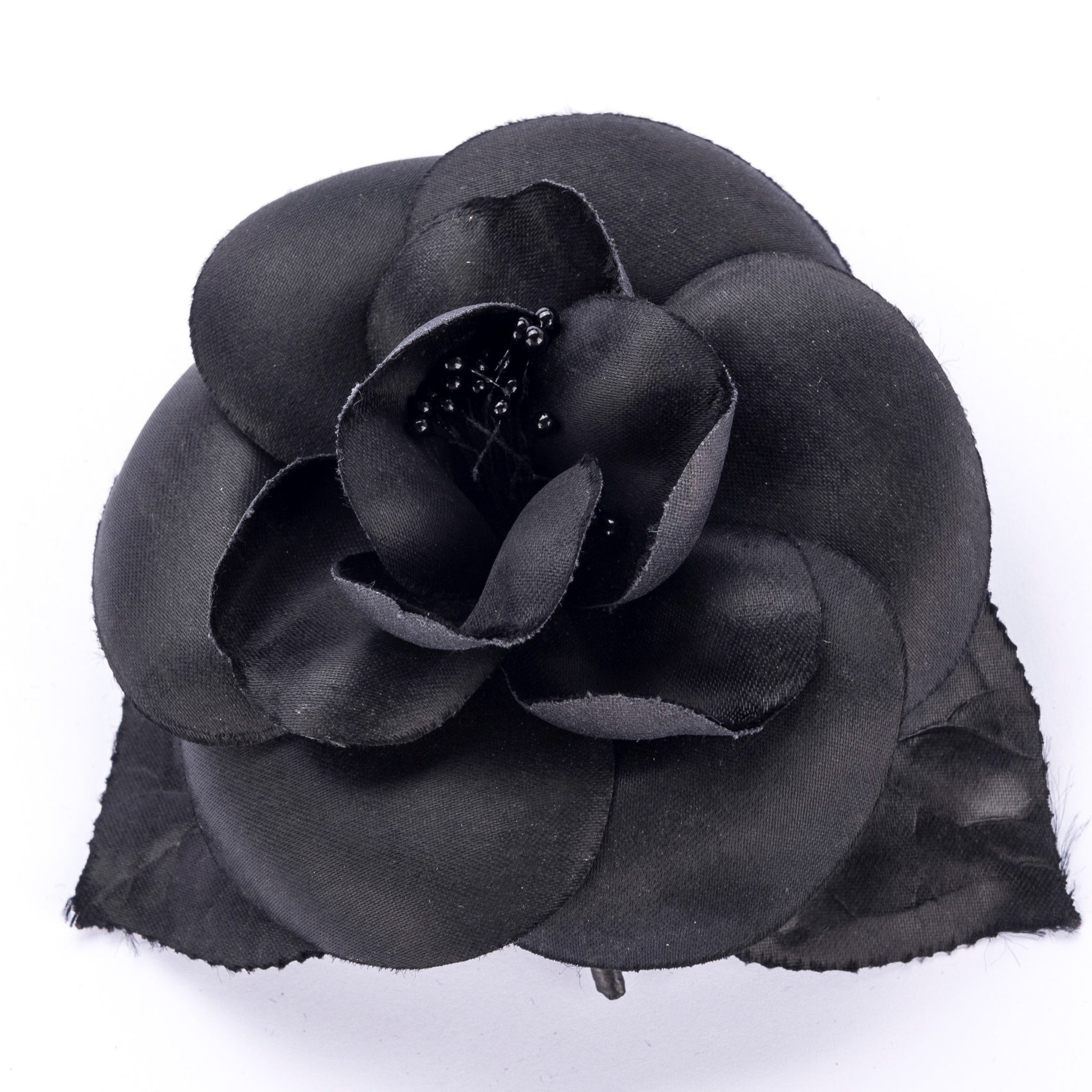 Chanel Camellia Brooch All Black with Leaf, with Box