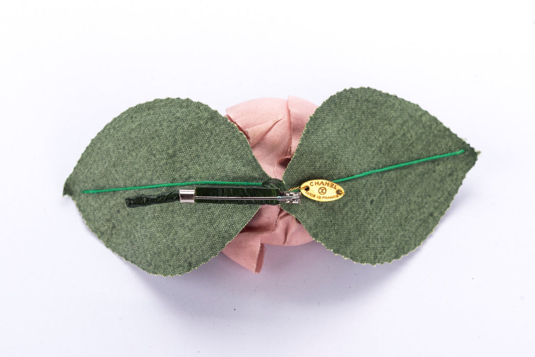 Chanel Camellia Brooch Light Pink with Green Leaf