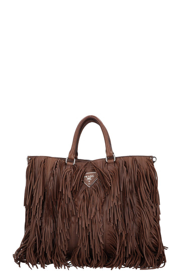 PRADA Fringed Noce Tote Bag Brown