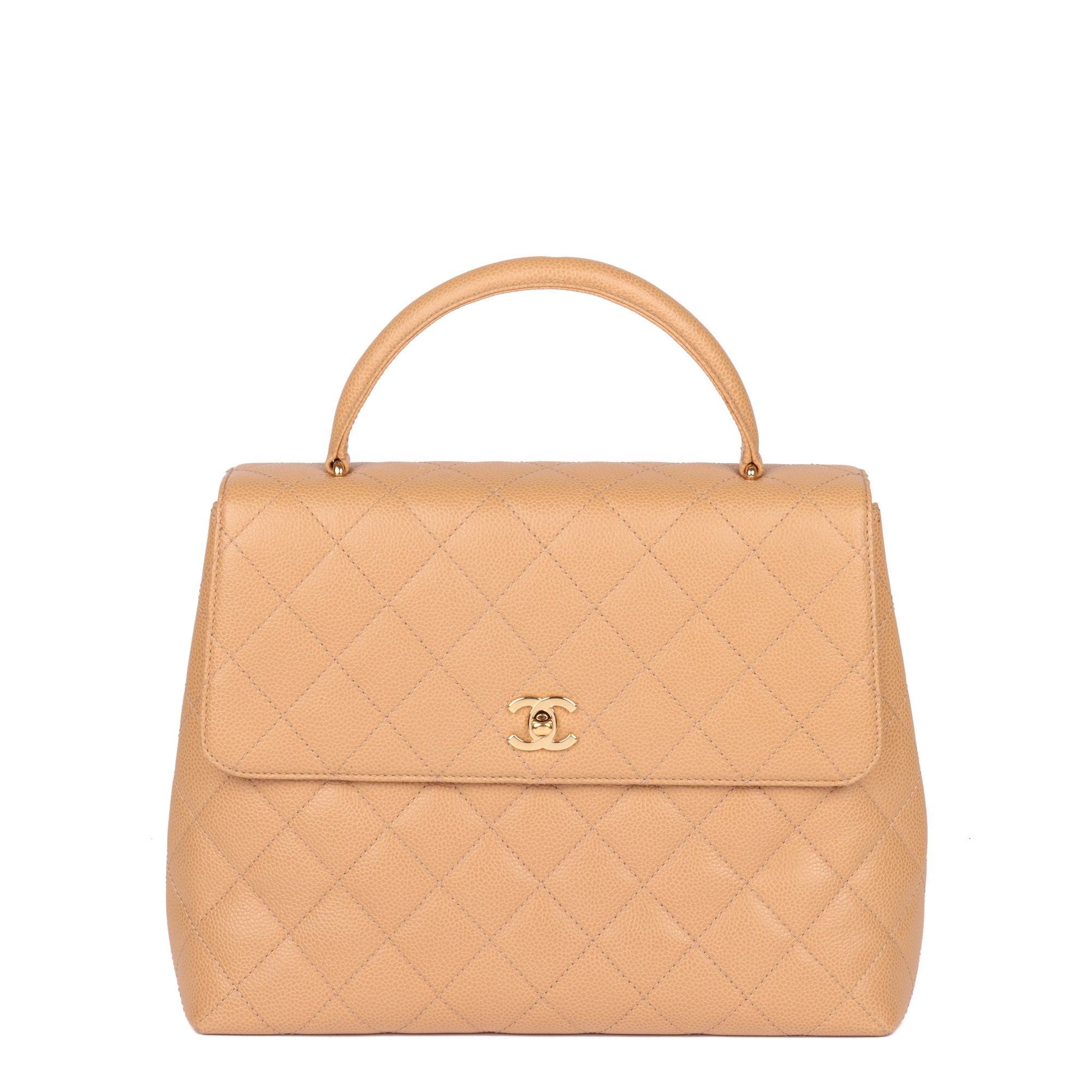Chanel Beige Quilted Caviar Leather Vintage Classic Kelly Top Handle Bag