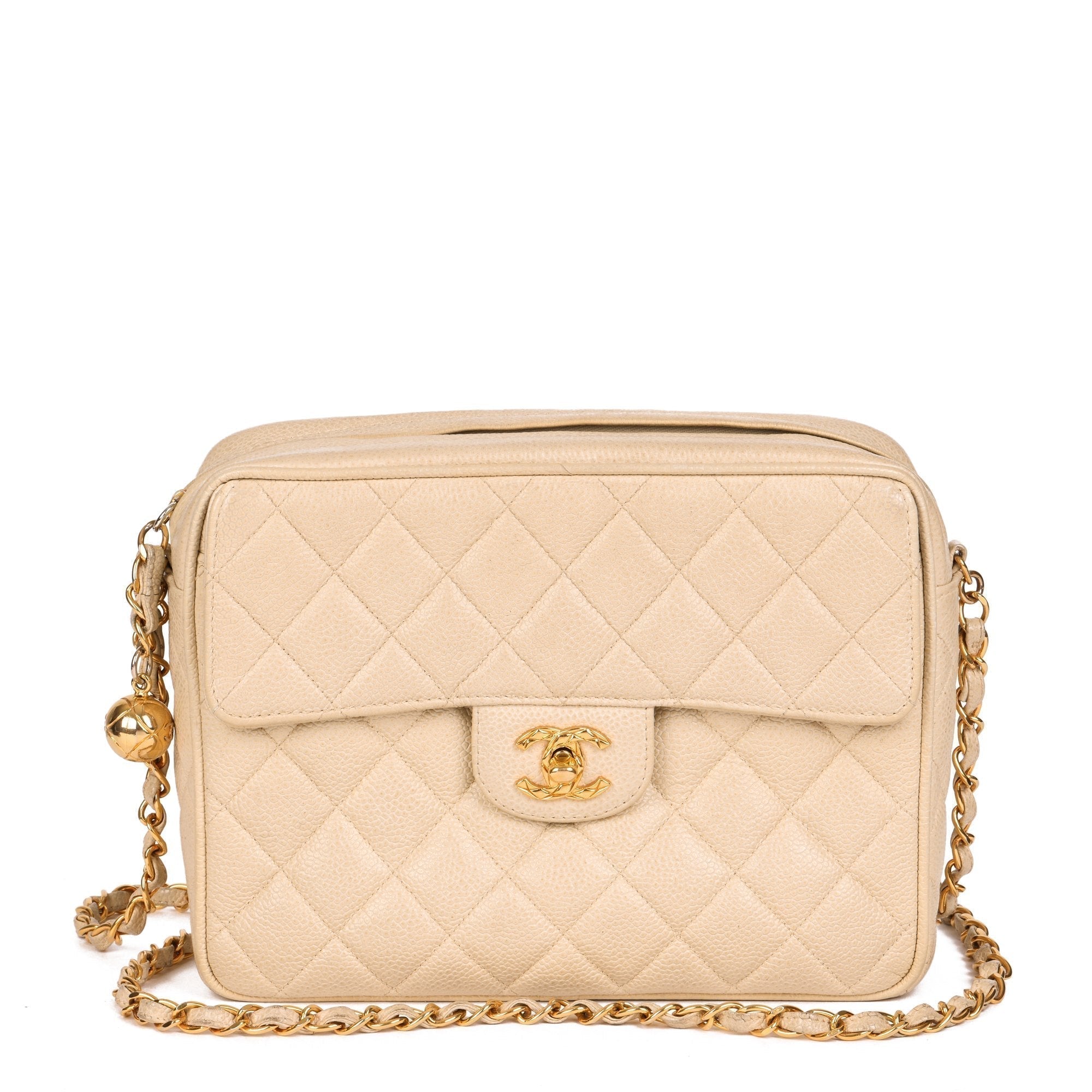 Chanel Beige Quilted Caviar Leather Vintage Small Classic Camera Bag