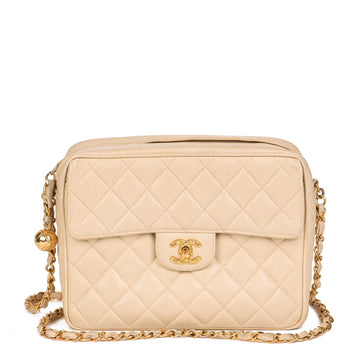 Chanel Beige Quilted Caviar Leather Vintage Small Classic Camera Bag