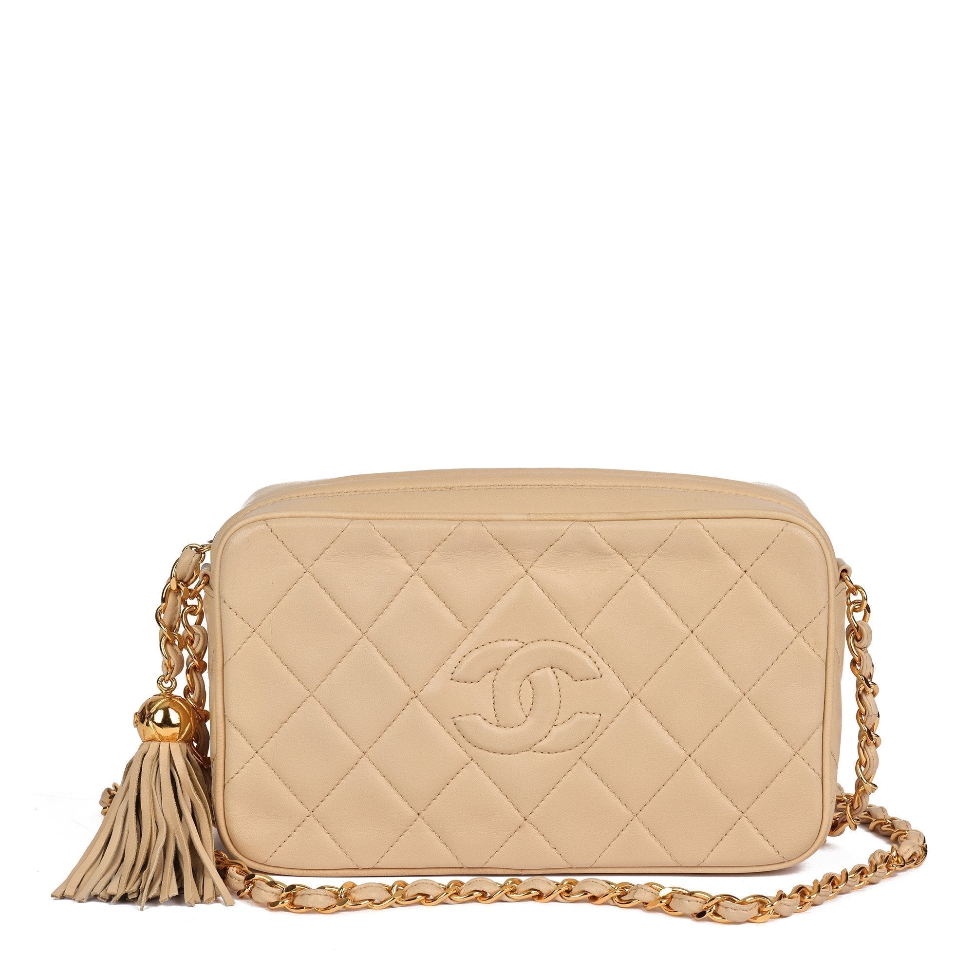 Chanel Beige Quilted Lambskin Vintage Small Fringe Timeless Camera Bag