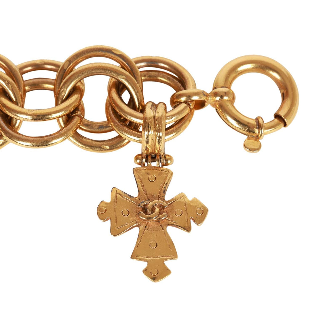 Vintage Chanel 24K Gold Plated Double Link CC-Logo Maltese Cross Charm Bracelet