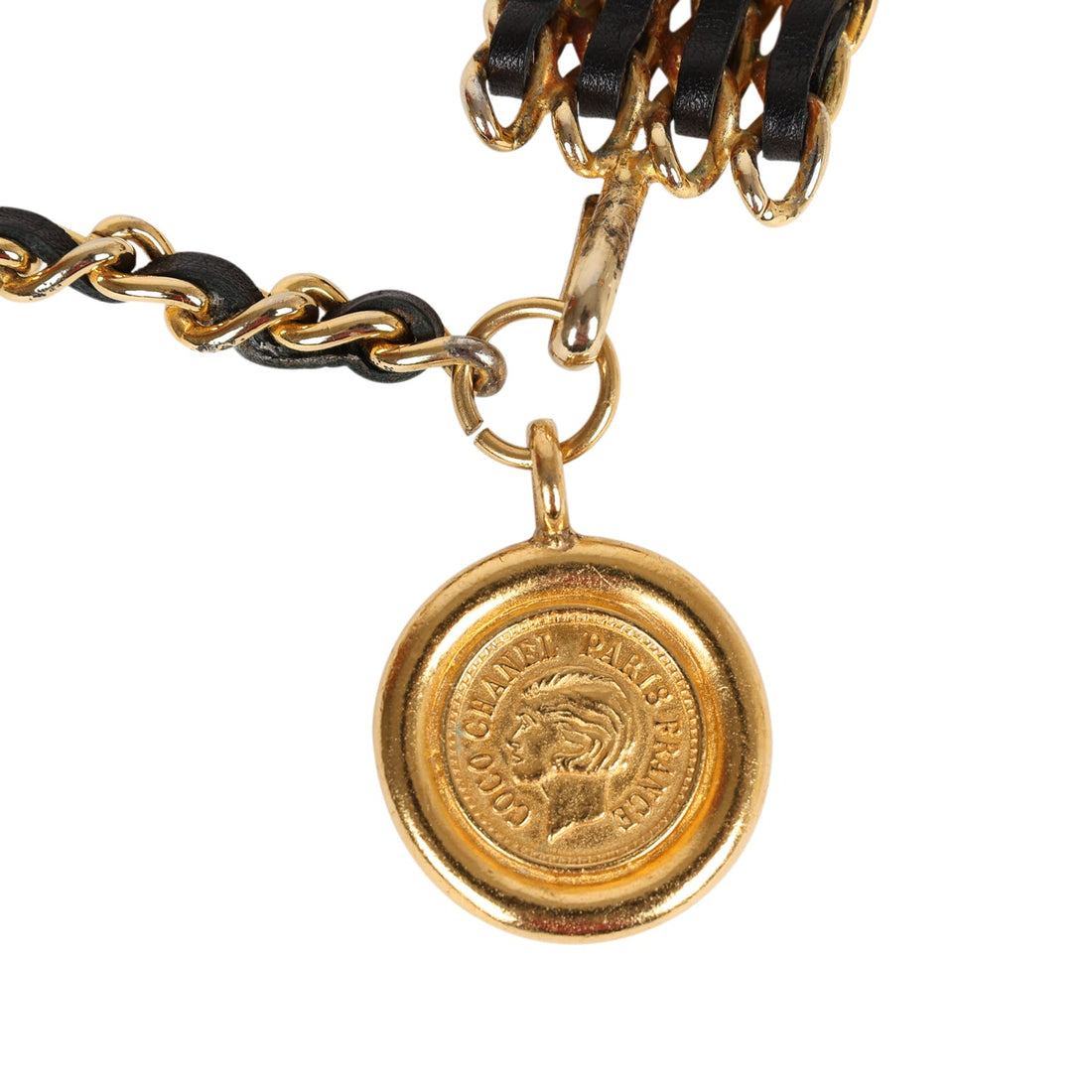 Vintage Chanel Quadruple Layered Chain Belt Black and Gold Leather & Gold Metal