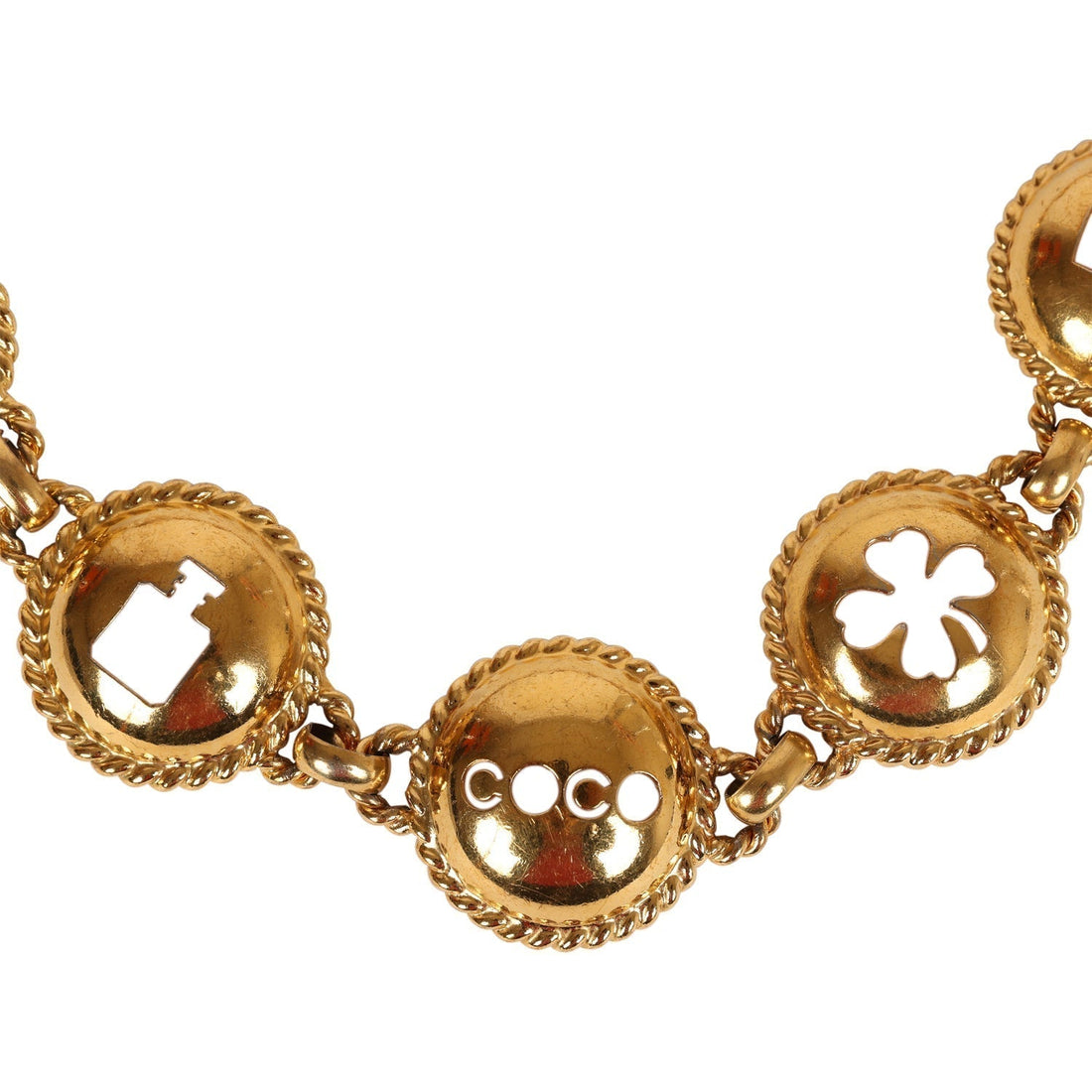 Vintage Chanel Round Cutout Lucky Charms Chain Belt Gold Metal
