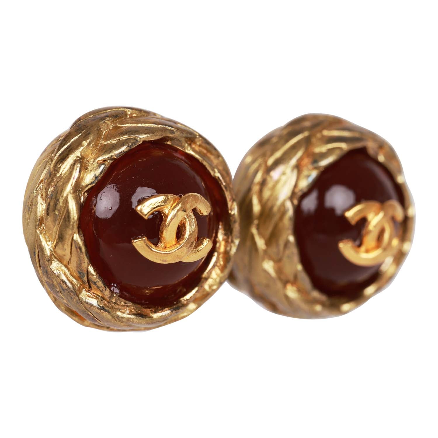 Vintage Chanel 24K Gold Plated CC Red Gripoix Stud Earrings