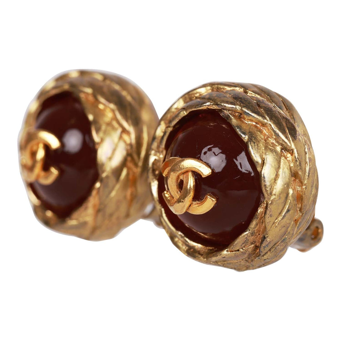 Vintage Chanel 24K Gold Plated CC Red Gripoix Stud Earrings