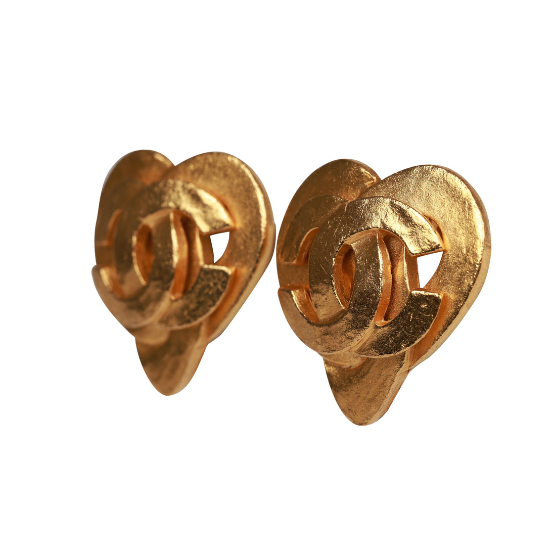 Vintage Chanel 24K Gold Plated CC Heart Earrings