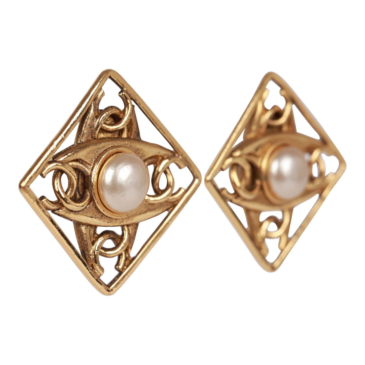 Vintage Chanel 24K Gold Plated CC Square Pearl Earrings