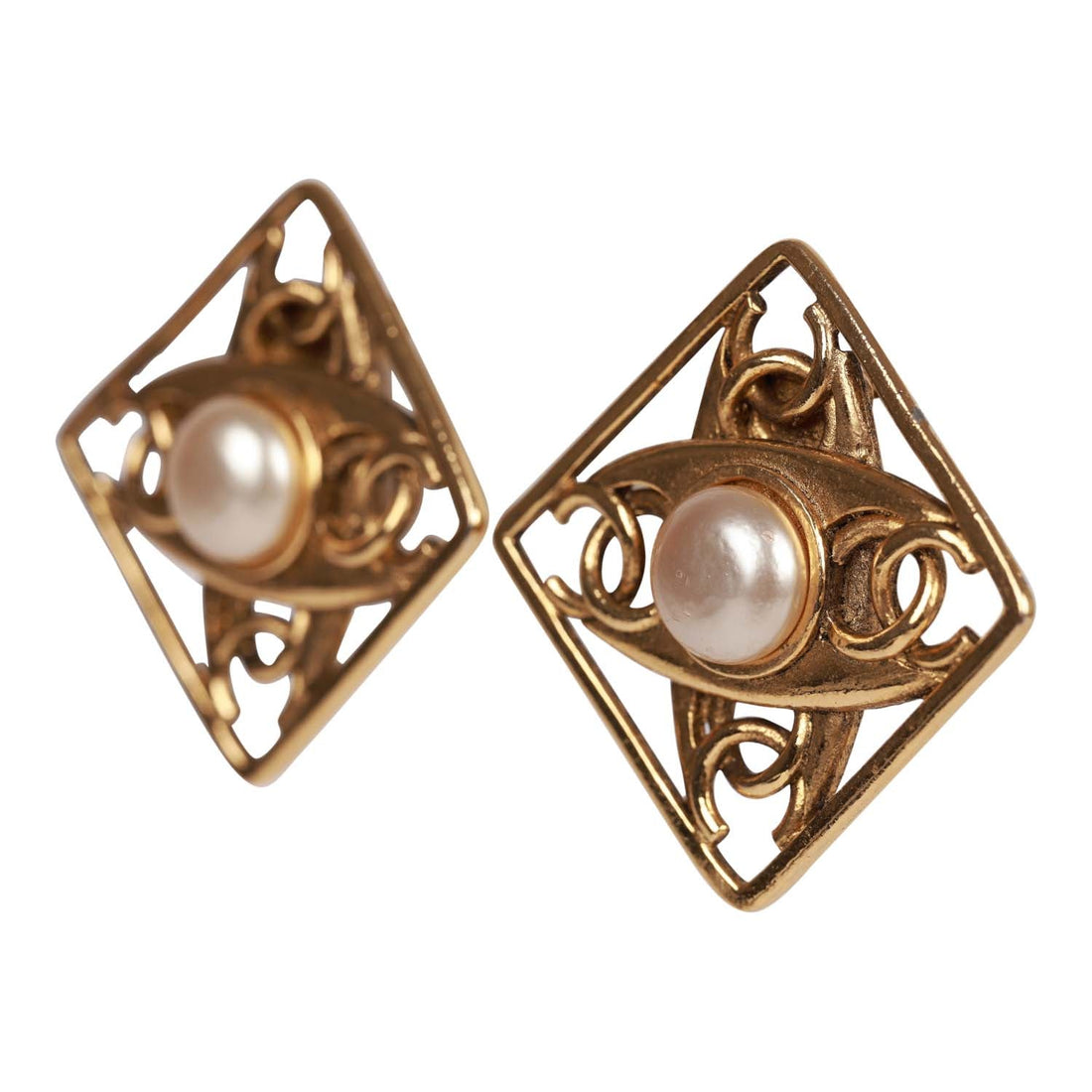 Vintage Chanel 24K Gold Plated CC Square Pearl Earrings