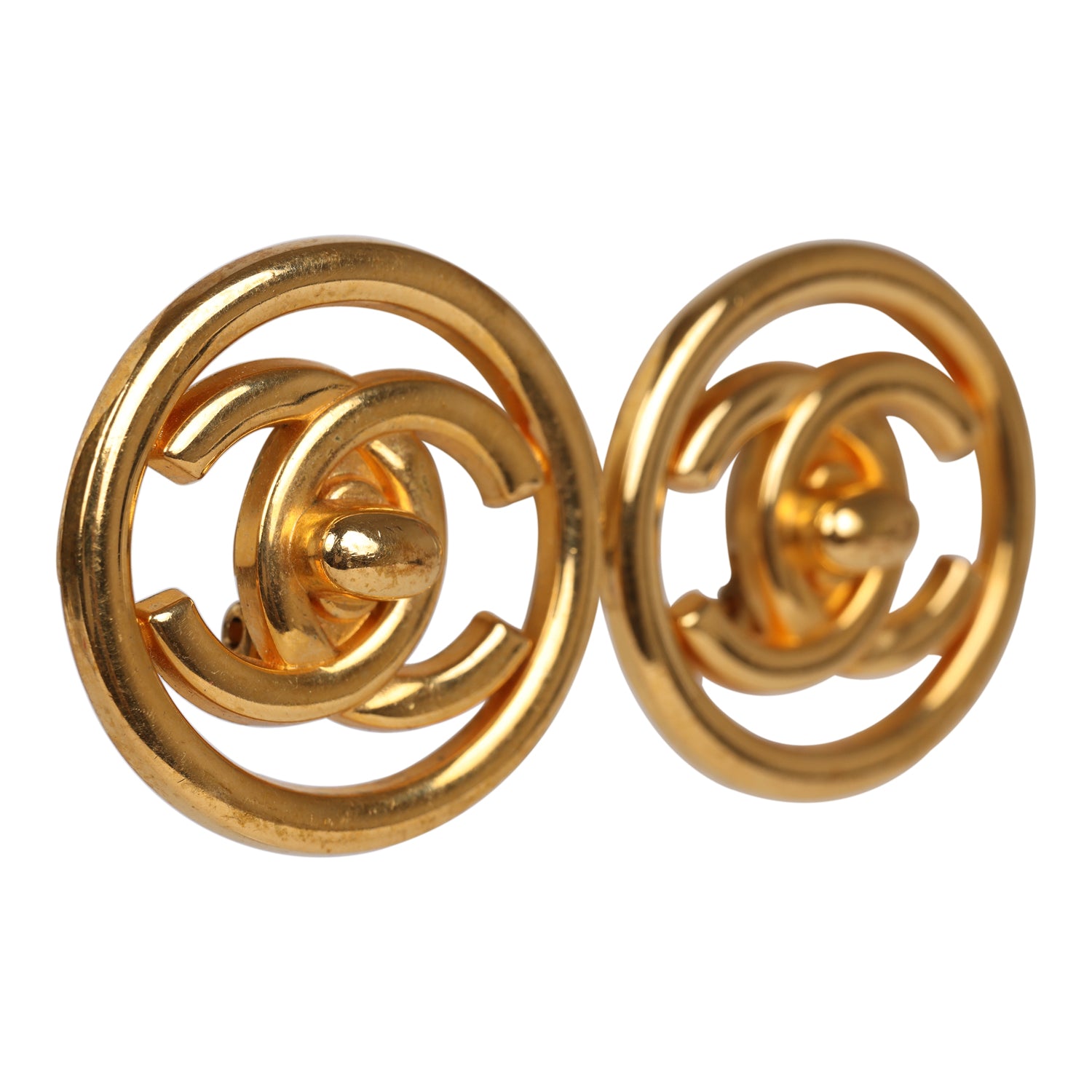 Vintage Chanel 24K Gold Plated CC Circle Turnlock Earrings