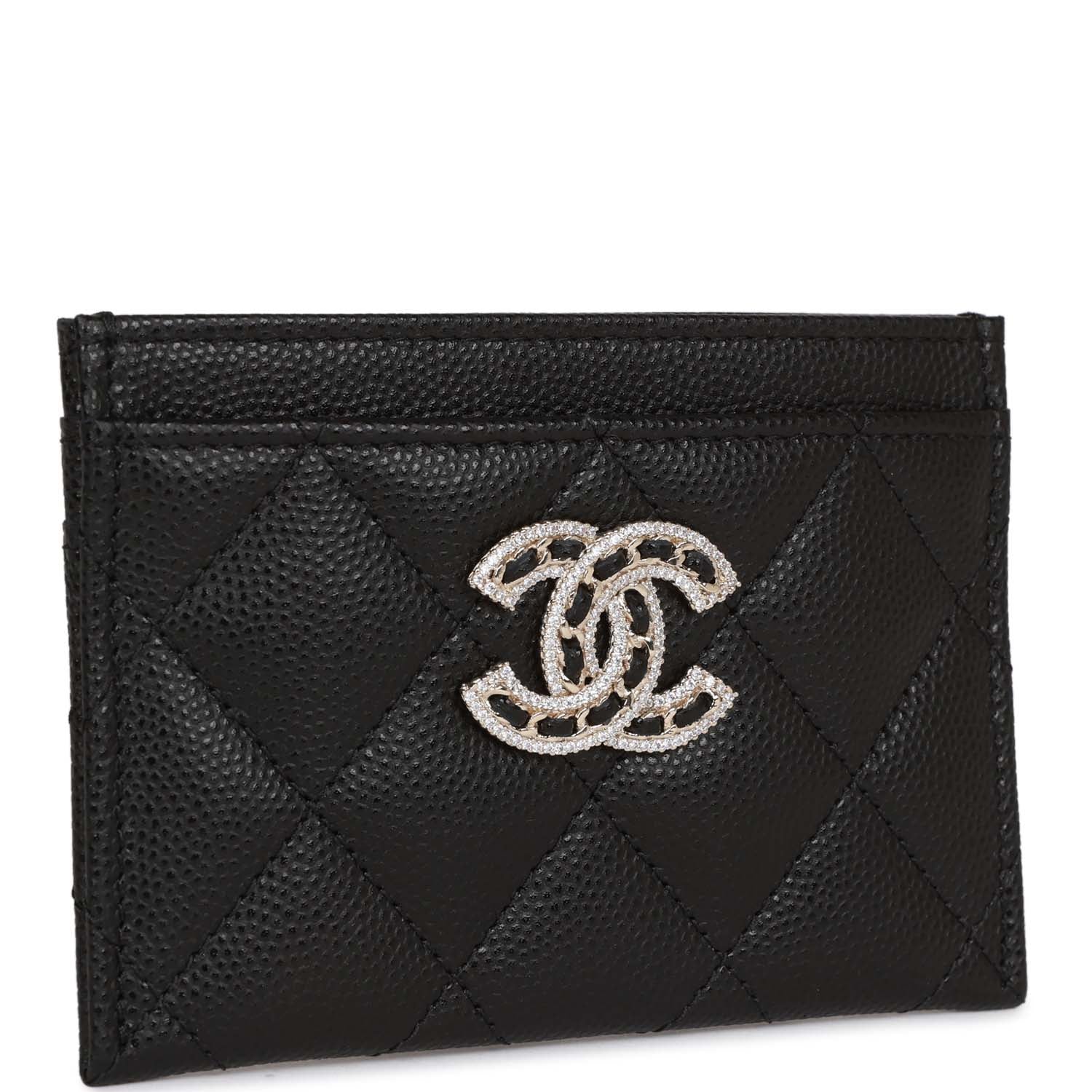 Chanel Card Holder Wallet Black Caviar Crystal and Light Gold Hardware
