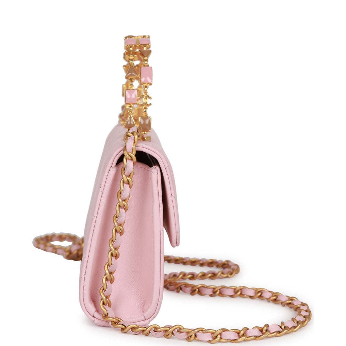 Chanel Enamel Top Handle Phone Holder Pink Lambskin Antique Gold Hardware