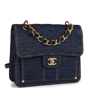 Chanel Square Flap Backpack Blue Denim Antique Gold Hardware