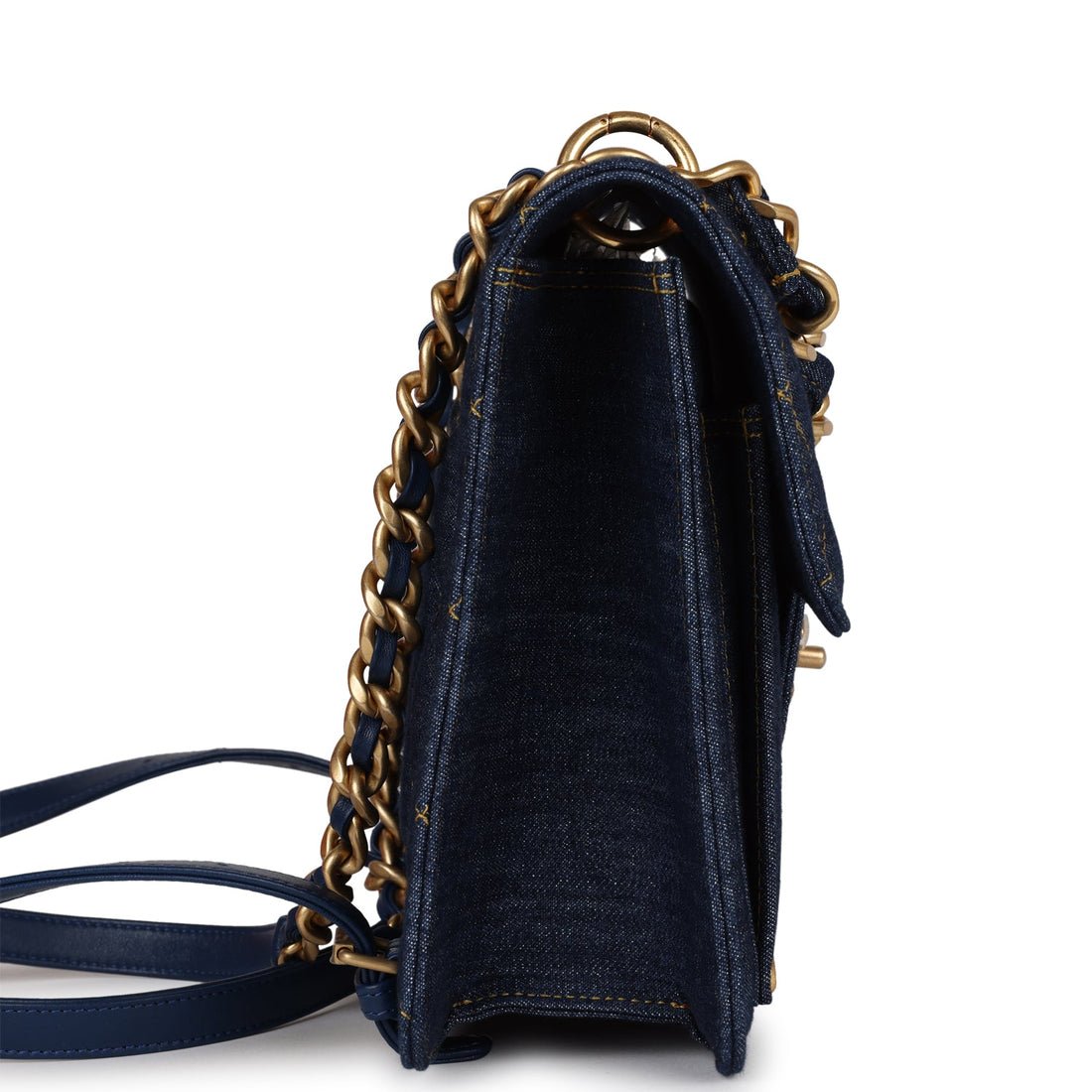 Chanel Square Flap Backpack Blue Denim Antique Gold Hardware