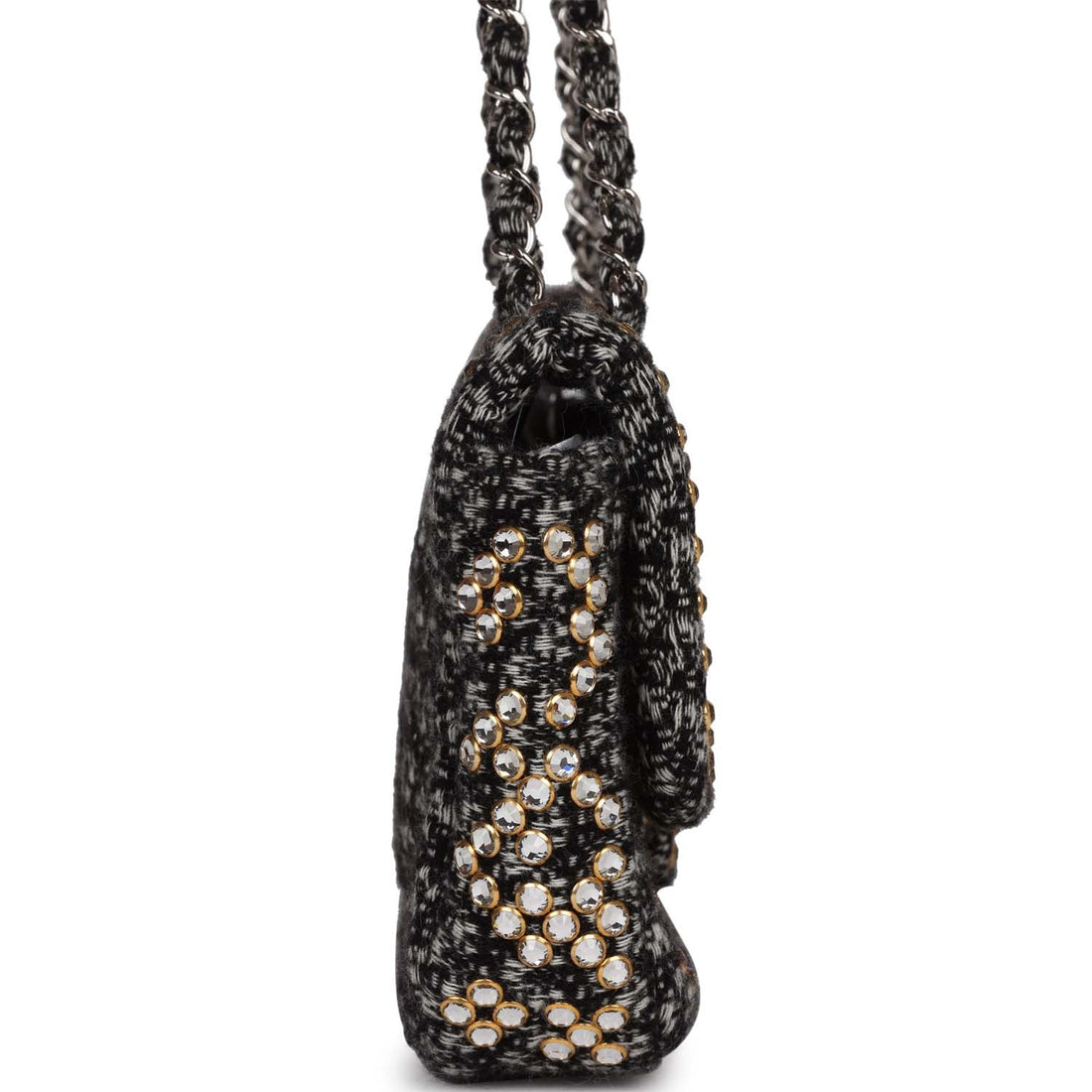 Chanel Medium Single Flap Black and White Tweed With Crystals Silver Hardware