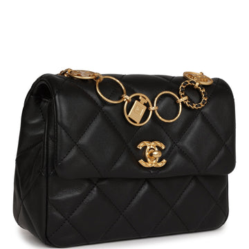 Chanel Mini Charms Flap Bag Black Lambskin Brushed Gold Hardware