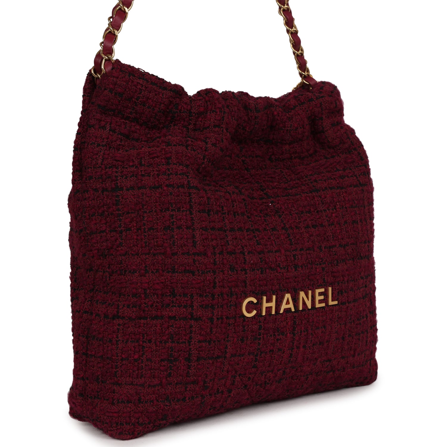 Chanel Small 22 Bag Burgundy and Black Tweed Gold Hardware