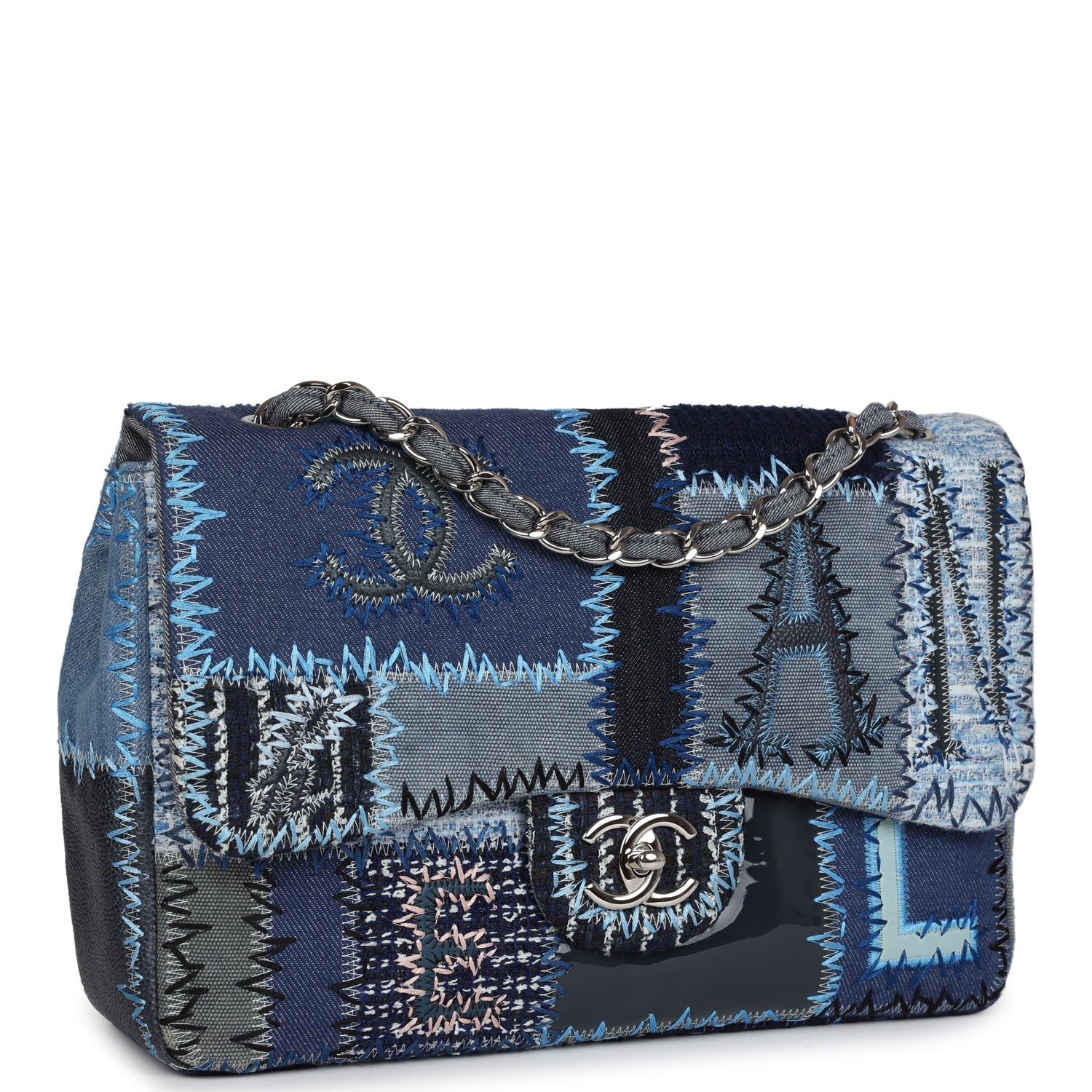 Chanel Jumbo Flap Bag Blue Patchwork Denim Silver Hardware