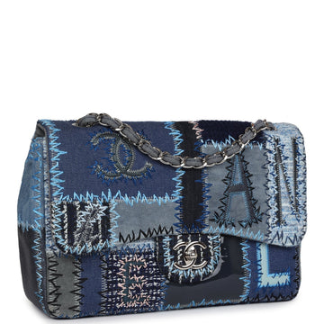 Chanel Jumbo Flap Bag Blue Patchwork Denim Silver Hardware