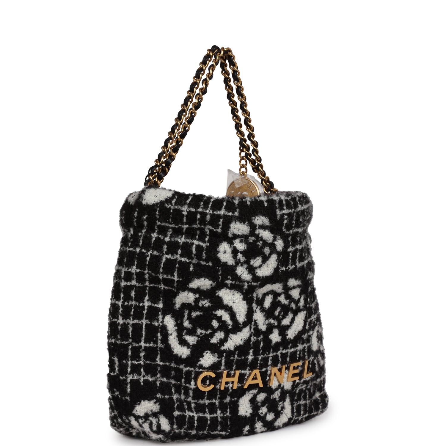 Chanel Mini 22 Bag Black and White Floral Tweed Gold Hardware