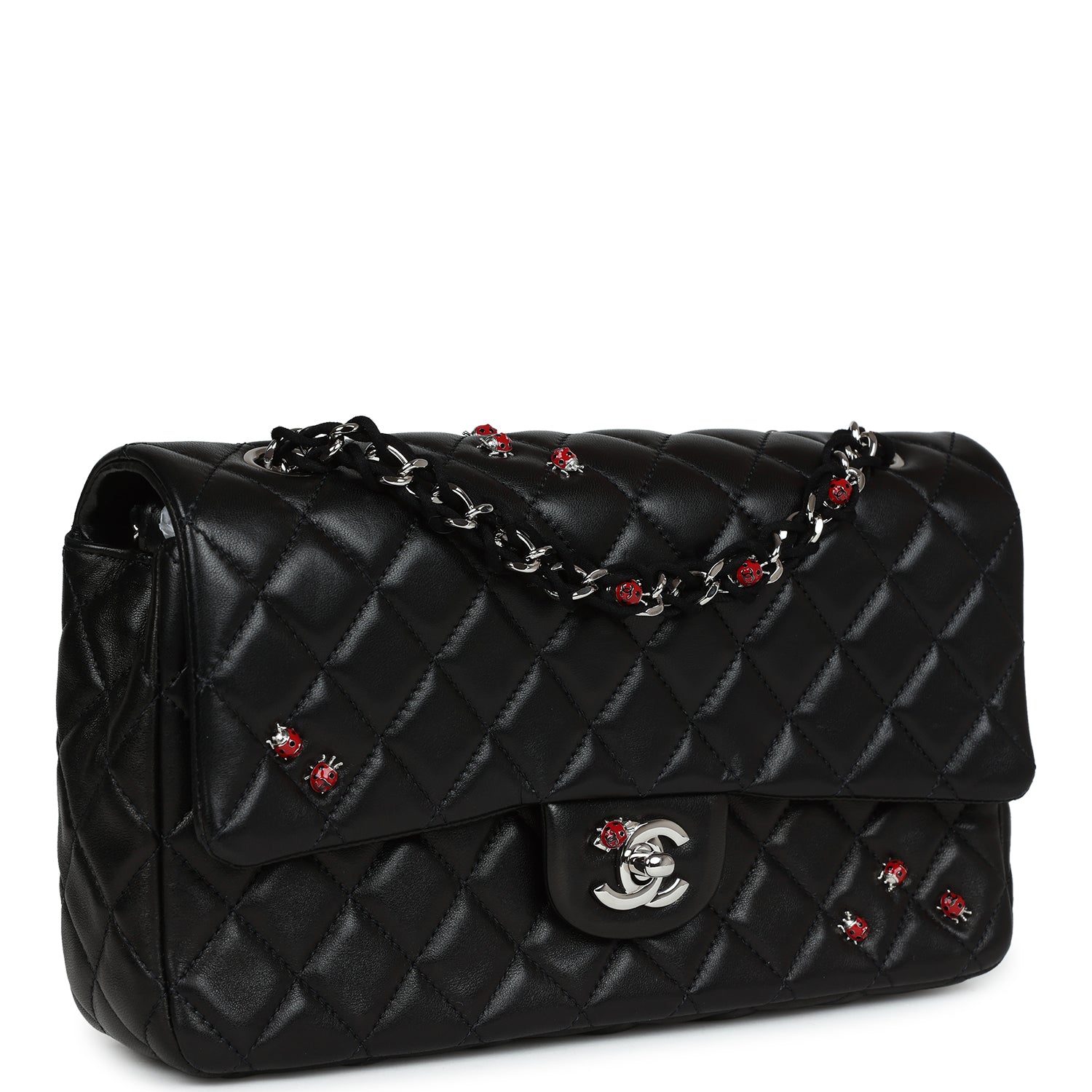 Chanel Medium Lady Bug Single Flap Bag Black Lambskin Silver Hardware