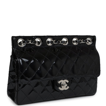 Vintage Chanel Chain Through Flap Bag Black Patent Silver Hardware