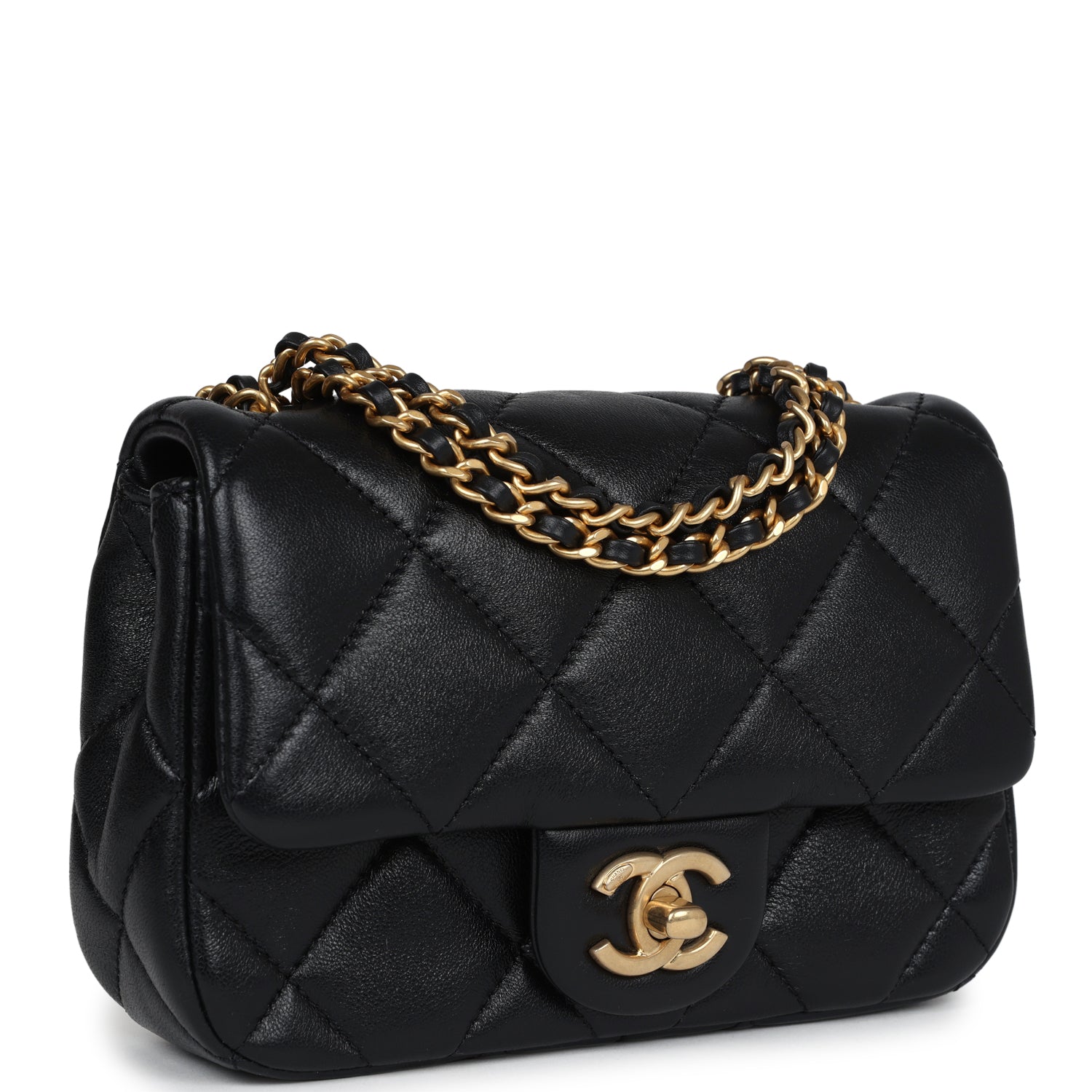 Chanel Mini Square Pearl Flap Bag Black Lambskin Brushed Gold Hardware