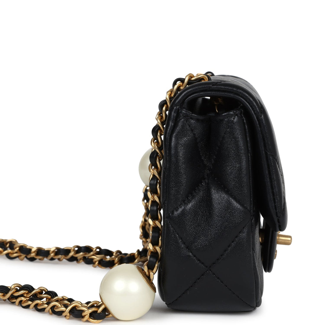 Chanel Mini Square Pearl Flap Bag Black Lambskin Brushed Gold Hardware