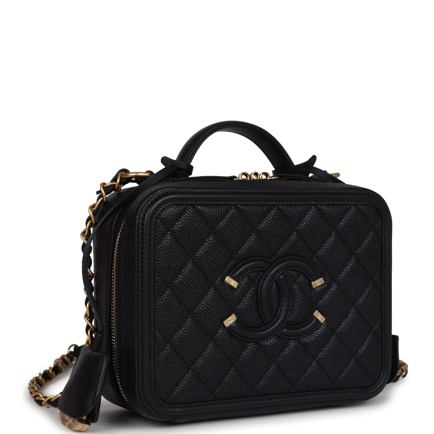 Chanel Medium CC Filigree Vanity Case Black Caviar Antique Gold Hardware