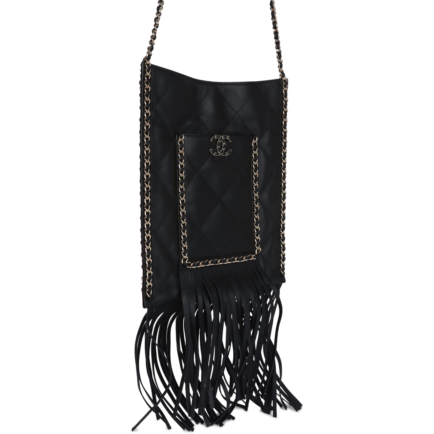 Chanel Small CC Fringe Shopping Bag Black Calfskin Light Gold Hardware