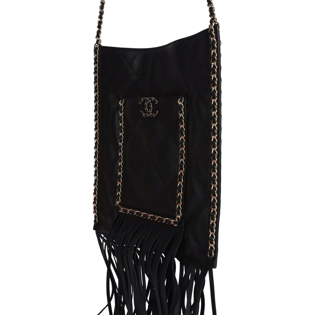 Chanel Small CC Fringe Shopping Bag Black Calfskin Light Gold Hardware