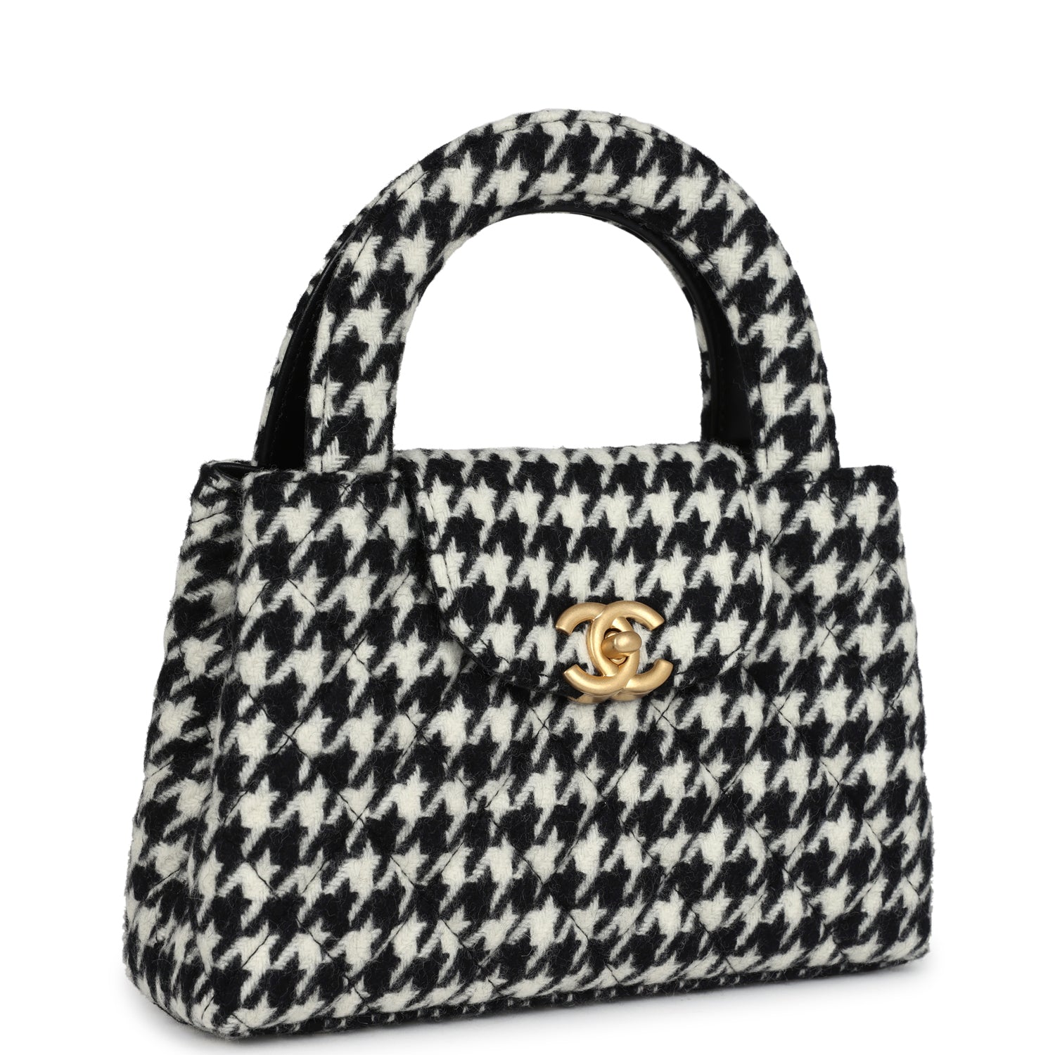 Chanel Small Kelly Shopper Black and White Houndstooth Tweed Brushed Gold Hardware