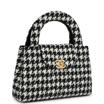 Chanel Small Kelly Shopper Black and White Houndstooth Tweed Brushed Gold Hardware
