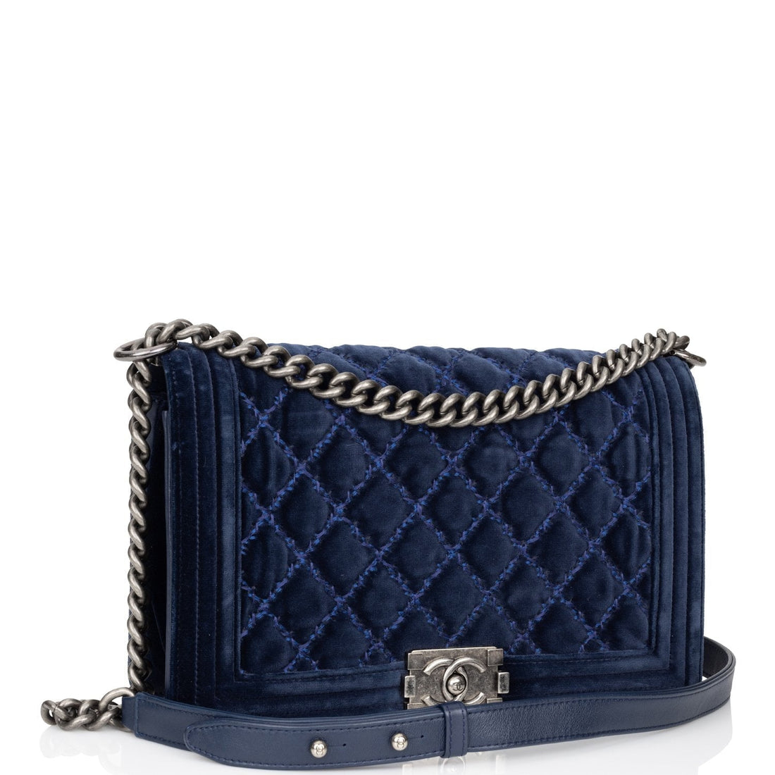 Chanel Large Boy Bag Blue Velvet Ruthenium Hardware