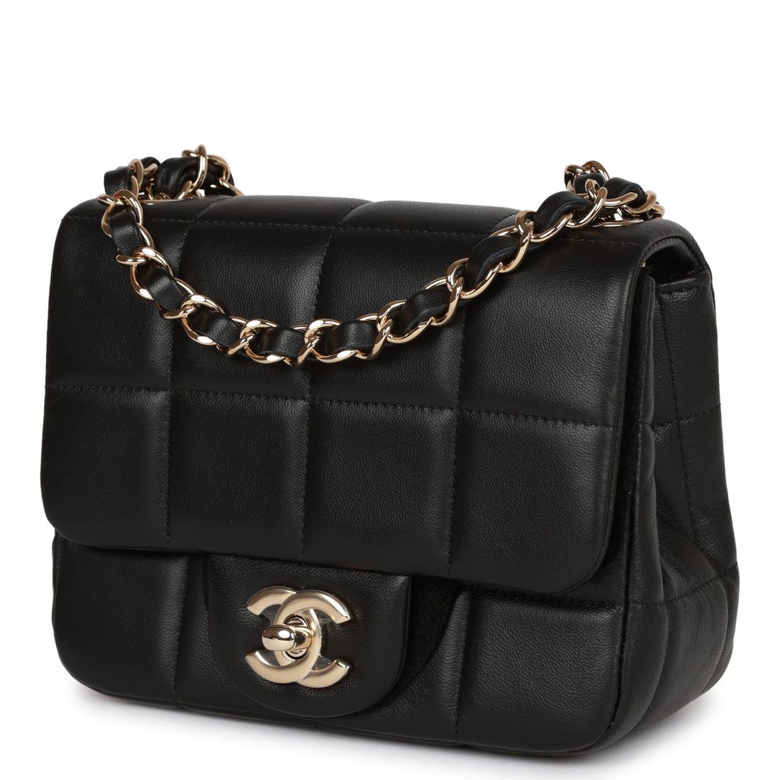 Chanel Monaco Mini Square Flap Bag Black Lambskin Light Gold Hardware