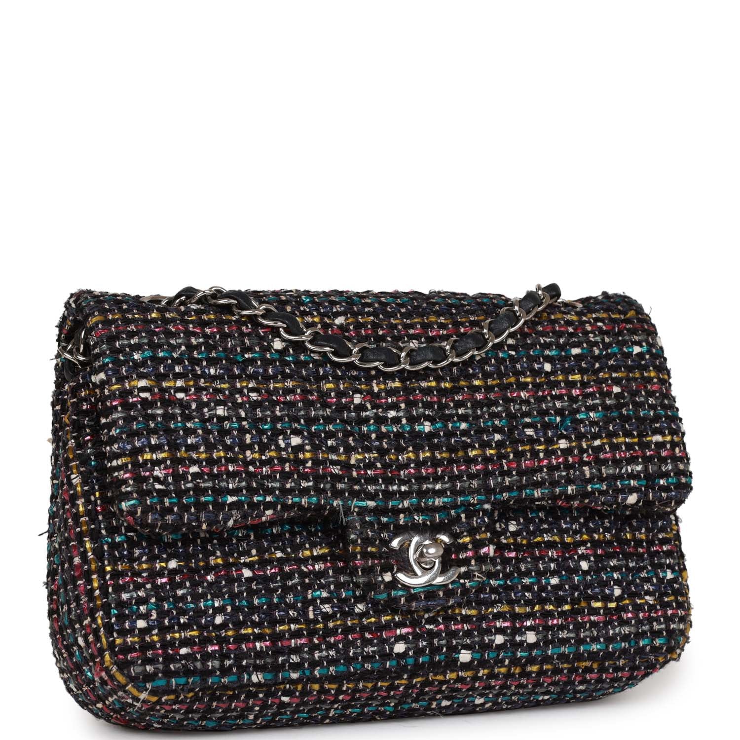 Chanel Medium Classic Double Flap Bag White and Black Tweed Boucle Silver Hardware