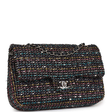Chanel Medium Classic Double Flap Bag White and Black Tweed Boucle Silver Hardware