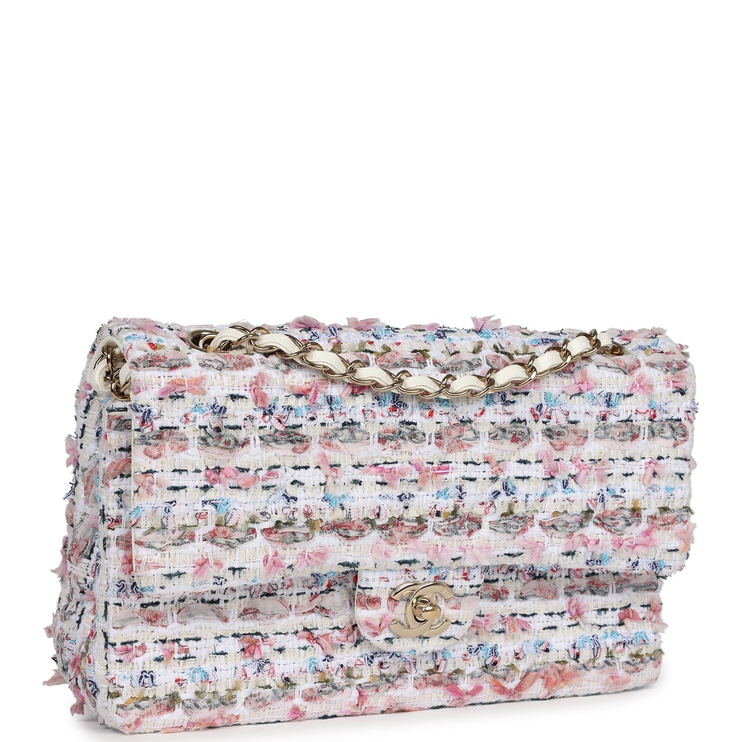 Chanel Medium Classic Double Flap White Multicolored Tweed Light Gold Hardware