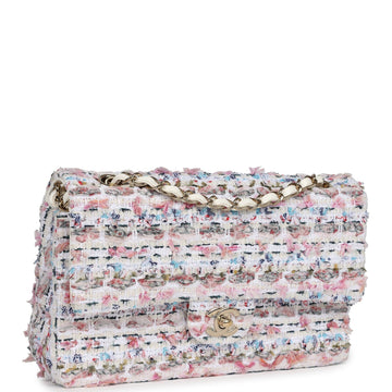 Chanel Medium Classic Double Flap White Multicolored Tweed Light Gold Hardware
