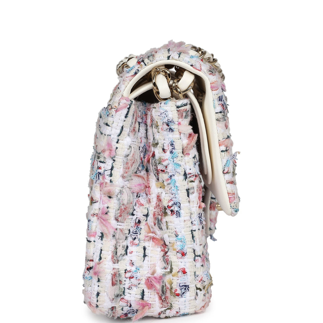 Chanel Medium Classic Double Flap White Multicolored Tweed Light Gold Hardware