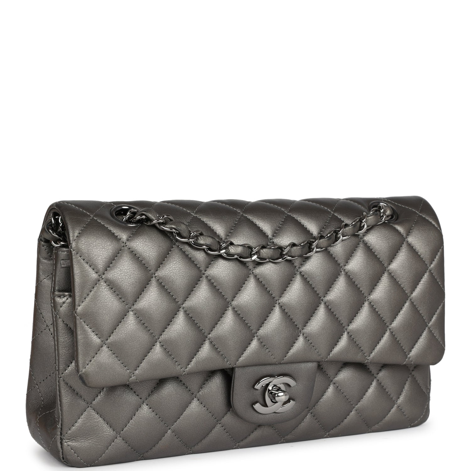 Chanel Medium Classic Double Flap Bag Metallic Grey Lambskin Silver Hardware
