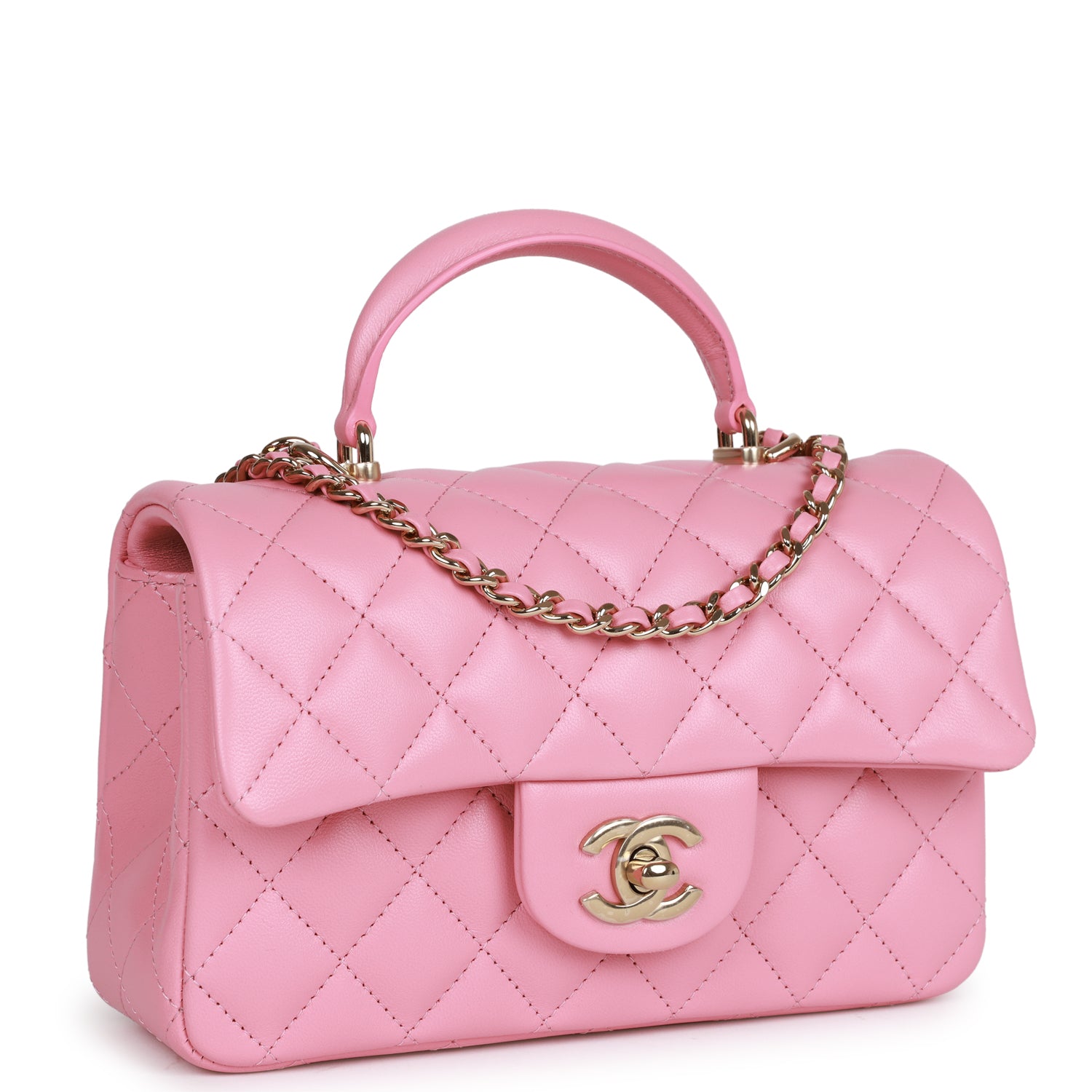 Chanel Mini Rectangular Flapbag with Top Handle Pink Lambskin Light Gold Hardware