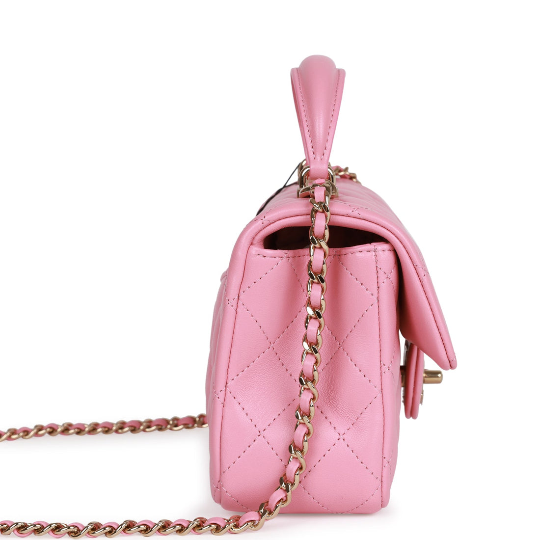 Chanel Mini Rectangular Flapbag with Top Handle Pink Lambskin Light Gold Hardware