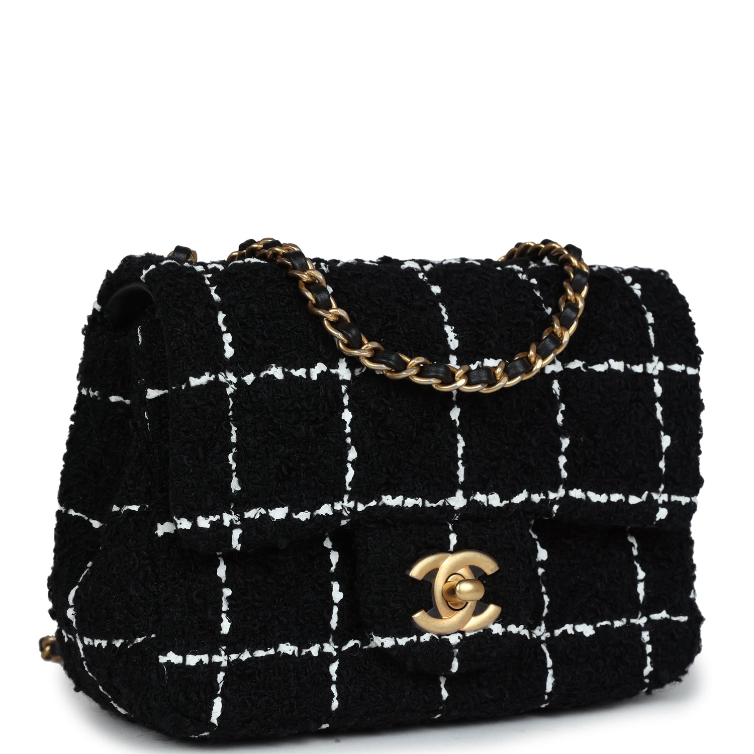 Chanel Pearl Crush Mini Square Flap Bag White and Black Tweed Antique Gold Hardware