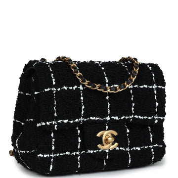 Chanel Pearl Crush Mini Square Flap Bag White and Black Tweed Antique Gold Hardware